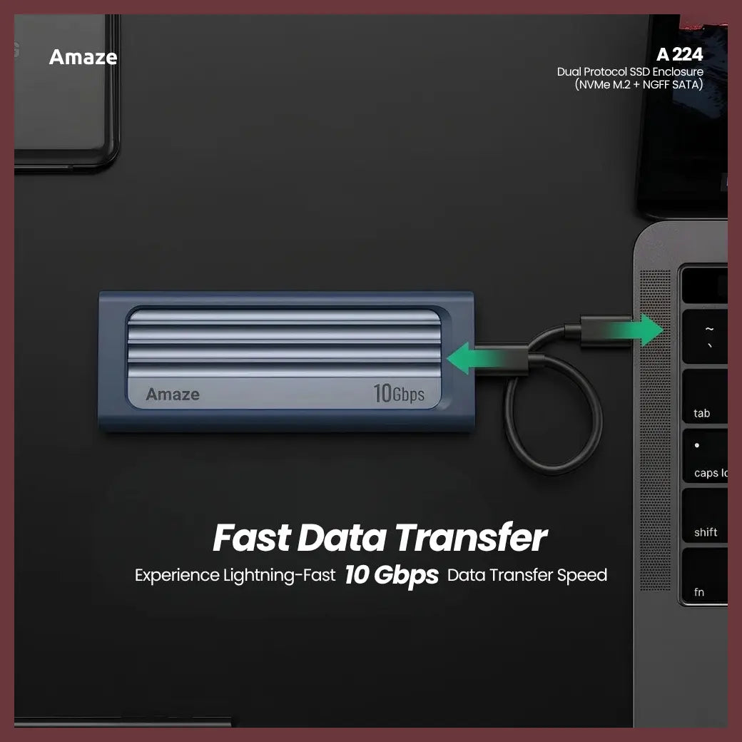 Amaze A224 Dual Protocol SSD Enclosure, NVMe M.2 and NGFF SATA, Up to 10Gbps, Type-C Input, USB-A 3.0 and Type-C Output, Aluminum Alloy