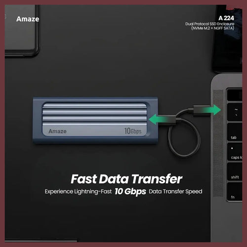 Amaze A224 Dual Protocol SSD Enclosure, NVMe M.2 and NGFF SATA, Up to 10Gbps, Type-C Input, USB-A 3.0 and Type-C Output, Aluminum Alloy