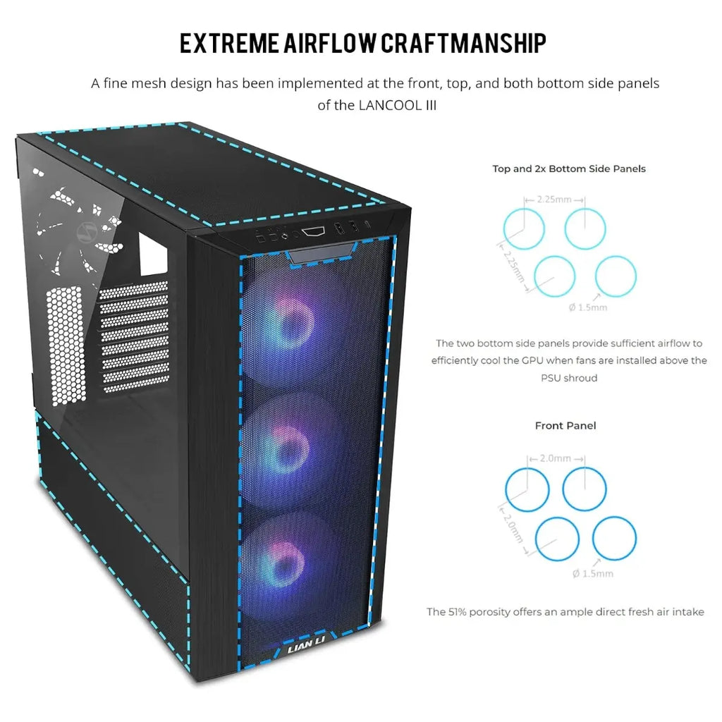 LIAN LI LANCOOL III E-ATX PC Case, Hinged Tempered Glass Doors, Fine Mesh Panels, 4x140mm PWM Fans, High Airflow Mid-Tower Chassis, LANCOOL 3R-X, Black