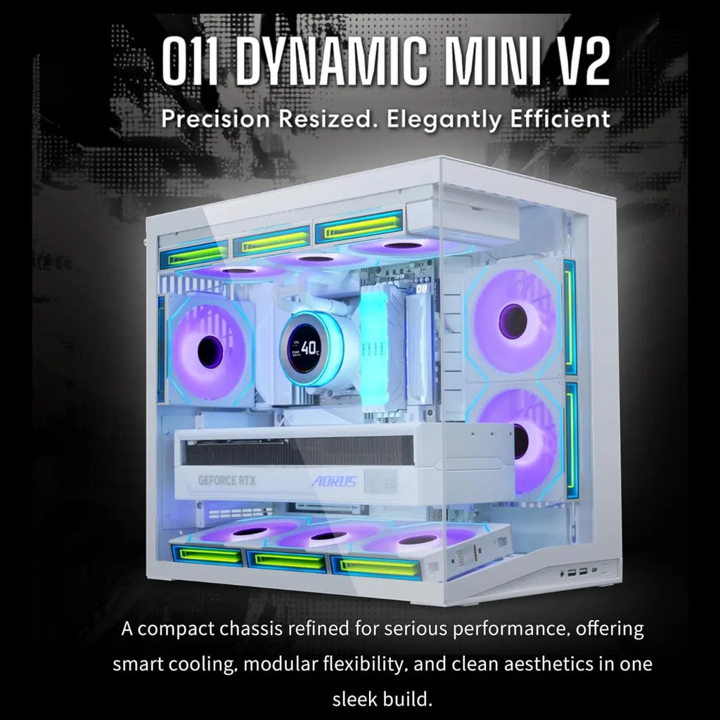 LIAN LI O11D Dynamic Mini V2 FLOW Mid Tower Case, Panoramic View, High-Performance Airflow, 5x120mm Reverse Blade Fans, Tempered Glass Panels, O11DMIV2FW White