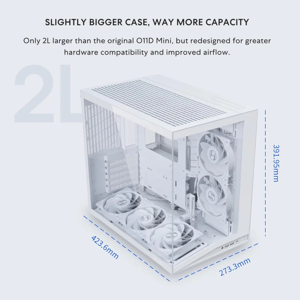 LIAN LI O11D Dynamic Mini V2 FLOW Mid Tower Case, Panoramic View, High-Performance Airflow, 5x120mm Reverse Blade Fans, Tempered Glass Panels, O11DMIV2FW White