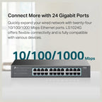 TP-Link LS1024G 24-Port Gigabit Desktop and Rackmount Switch, 24x 10/100/1000Mbps Ports, QoS, Plug and Play, Fanless Design