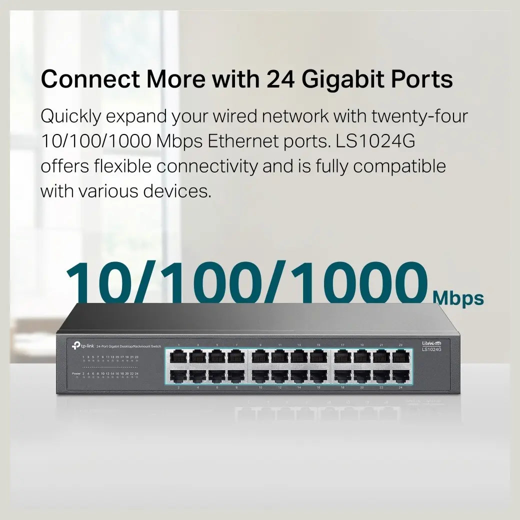 TP-Link LS1024G 24-Port Gigabit Desktop and Rackmount Switch, 24x 10/100/1000Mbps Ports, QoS, Plug and Play, Fanless Design
