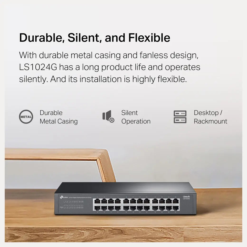 TP-Link LS1024G 24-Port Gigabit Desktop and Rackmount Switch, 24x 10/100/1000Mbps Ports, QoS, Plug and Play, Fanless Design
