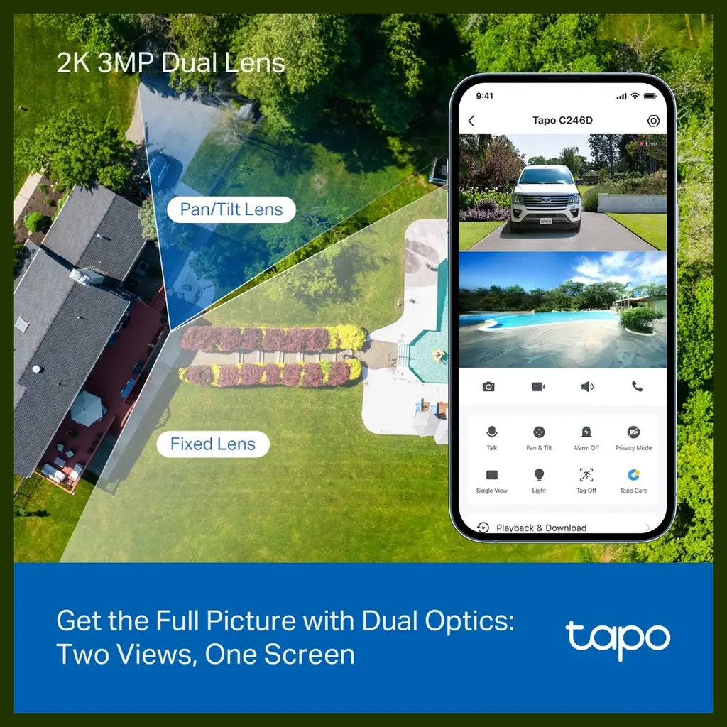 TP-Link Tapo C246D Indoor and Outdoor Dual Lens Pan and Tilt Security Camera, 2K 3MP Dual Lens, 125 Degree FOV Wide-Angle and 6mm Telephoto, IP65 Weatherproof, Smart Night Vision, 2-Way Audio