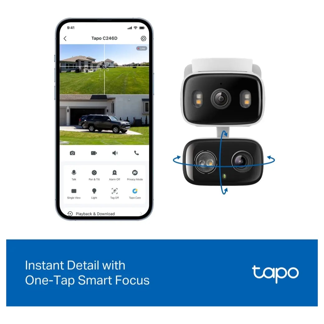 TP-Link Tapo C246D Indoor and Outdoor Dual Lens Pan and Tilt Security Camera, 2K 3MP Dual Lens, 125 Degree FOV Wide-Angle and 6mm Telephoto, IP65 Weatherproof, Smart Night Vision, 2-Way Audio