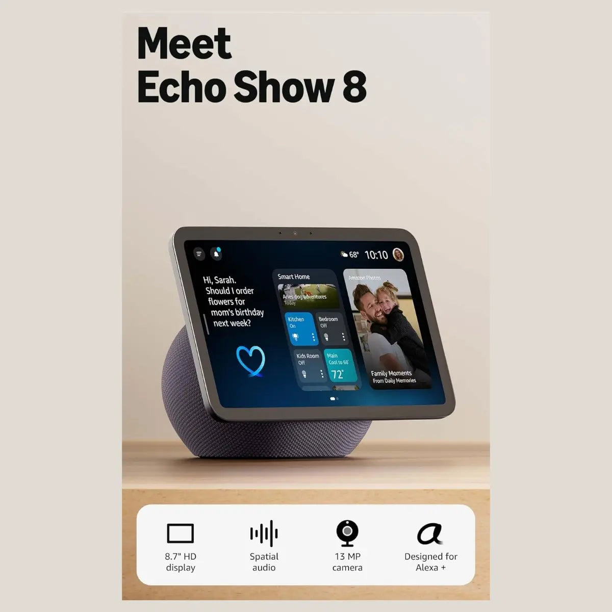 Amazon Echo Show 8 Newest Model Smart Display, HD 8.7" Touchscreen, Spatial Audio, Built-In Smart Home Hub, AZ3 Pro Chip, Omnisense Technology, Designed for Alexa+, Graphite