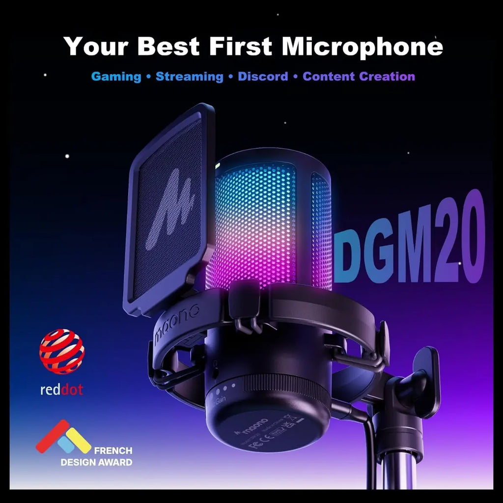 MAONO DGM20S Gaming Microphone for PC, Clear Voice and Noise Reduction, RGB Lighting, Tap-to-Mute, Gain Control, Headphone Monitoring, Boom Arm