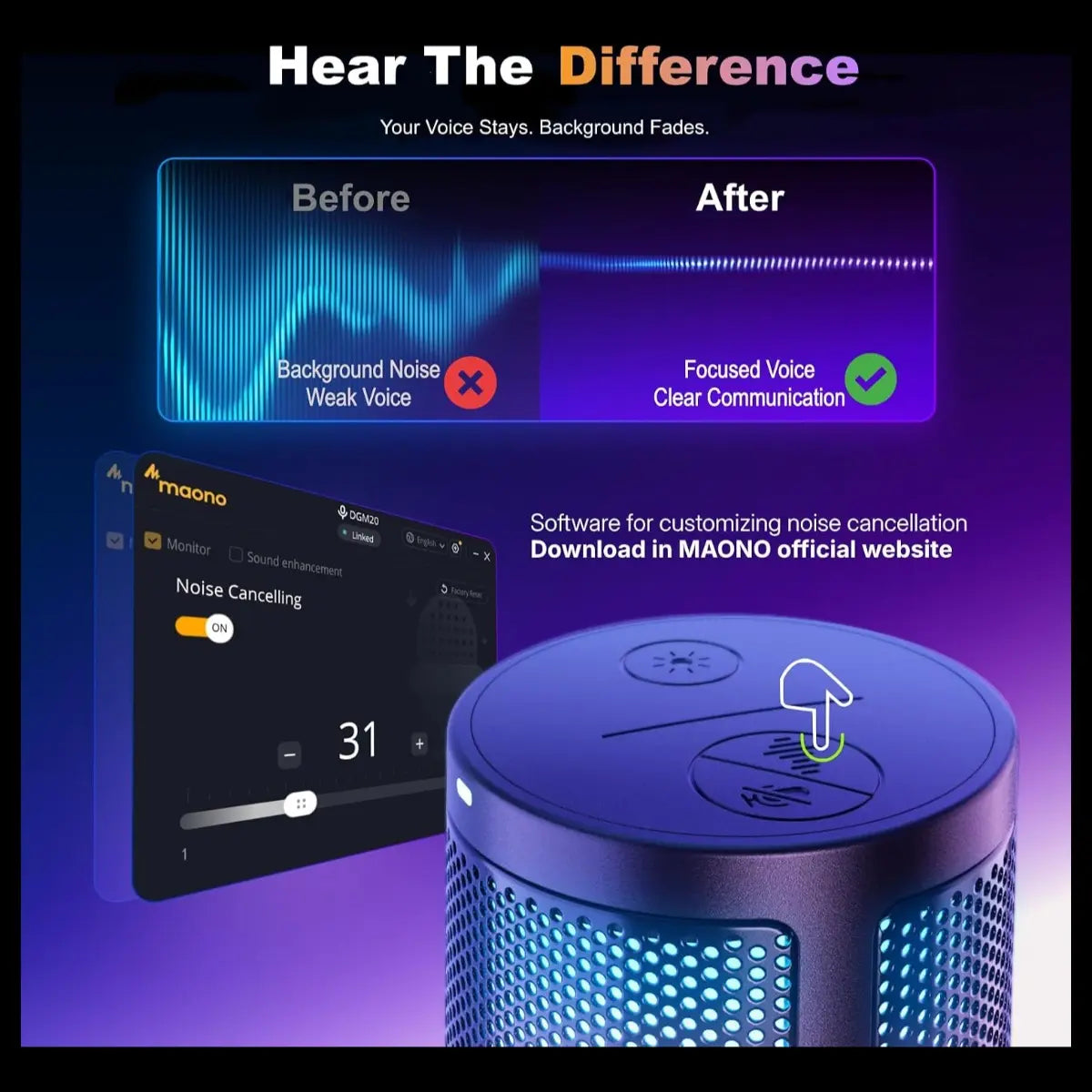 MAONO DGM20S Gaming Microphone for PC, Clear Voice and Noise Reduction, RGB Lighting, Tap-to-Mute, Gain Control, Headphone Monitoring, Boom Arm
