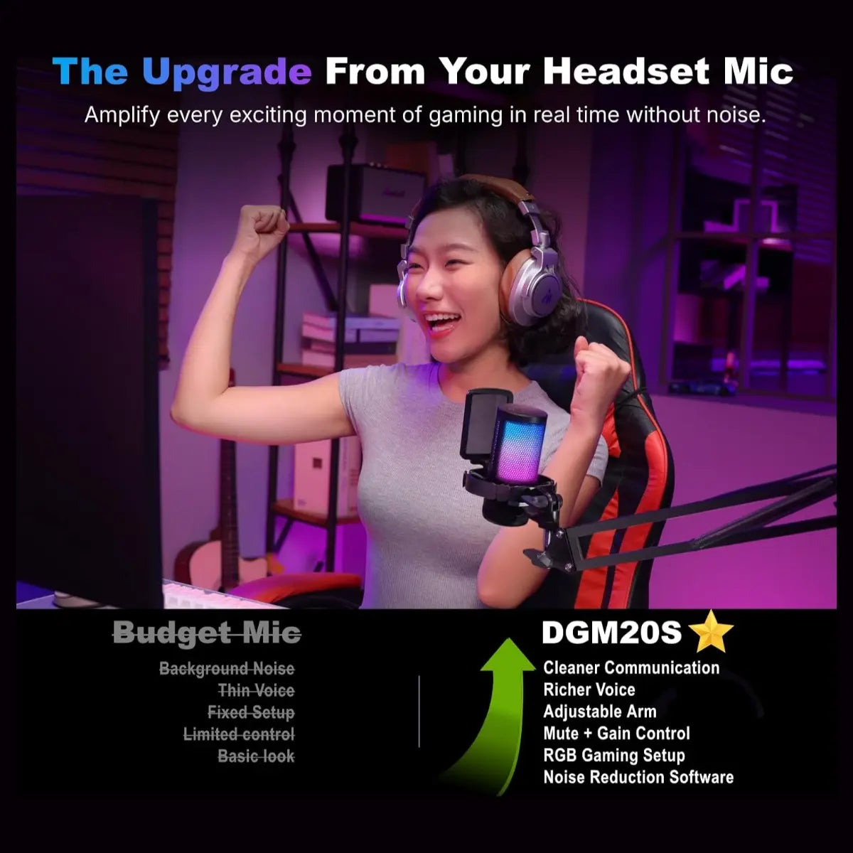 MAONO DGM20S Gaming Microphone for PC, Clear Voice and Noise Reduction, RGB Lighting, Tap-to-Mute, Gain Control, Headphone Monitoring, Boom Arm