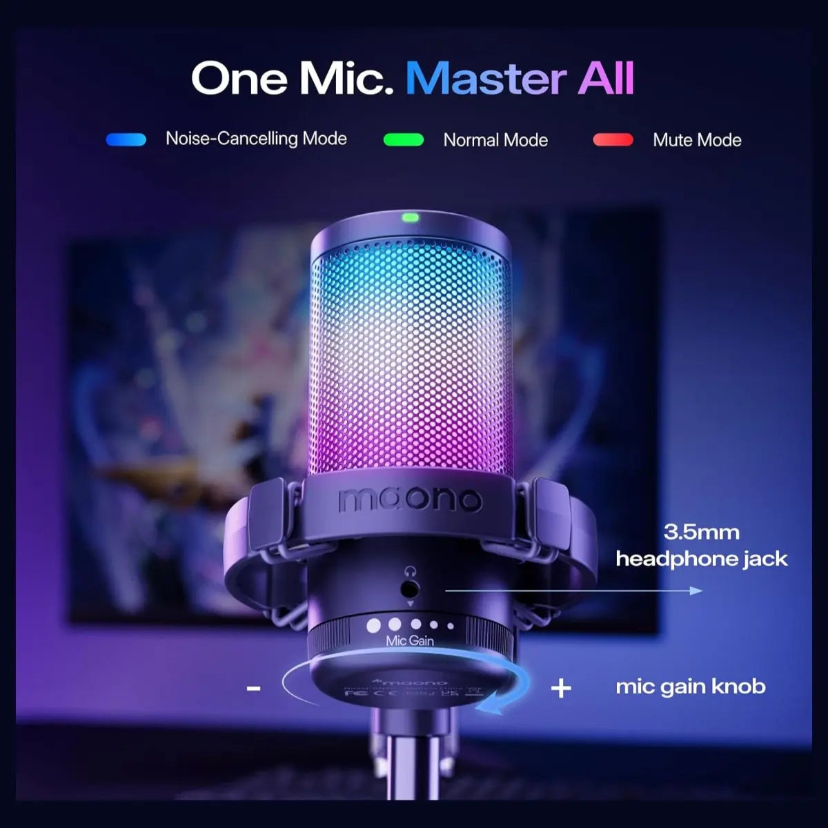 MAONO DGM20S Gaming Microphone for PC, Clear Voice and Noise Reduction, RGB Lighting, Tap-to-Mute, Gain Control, Headphone Monitoring, Boom Arm