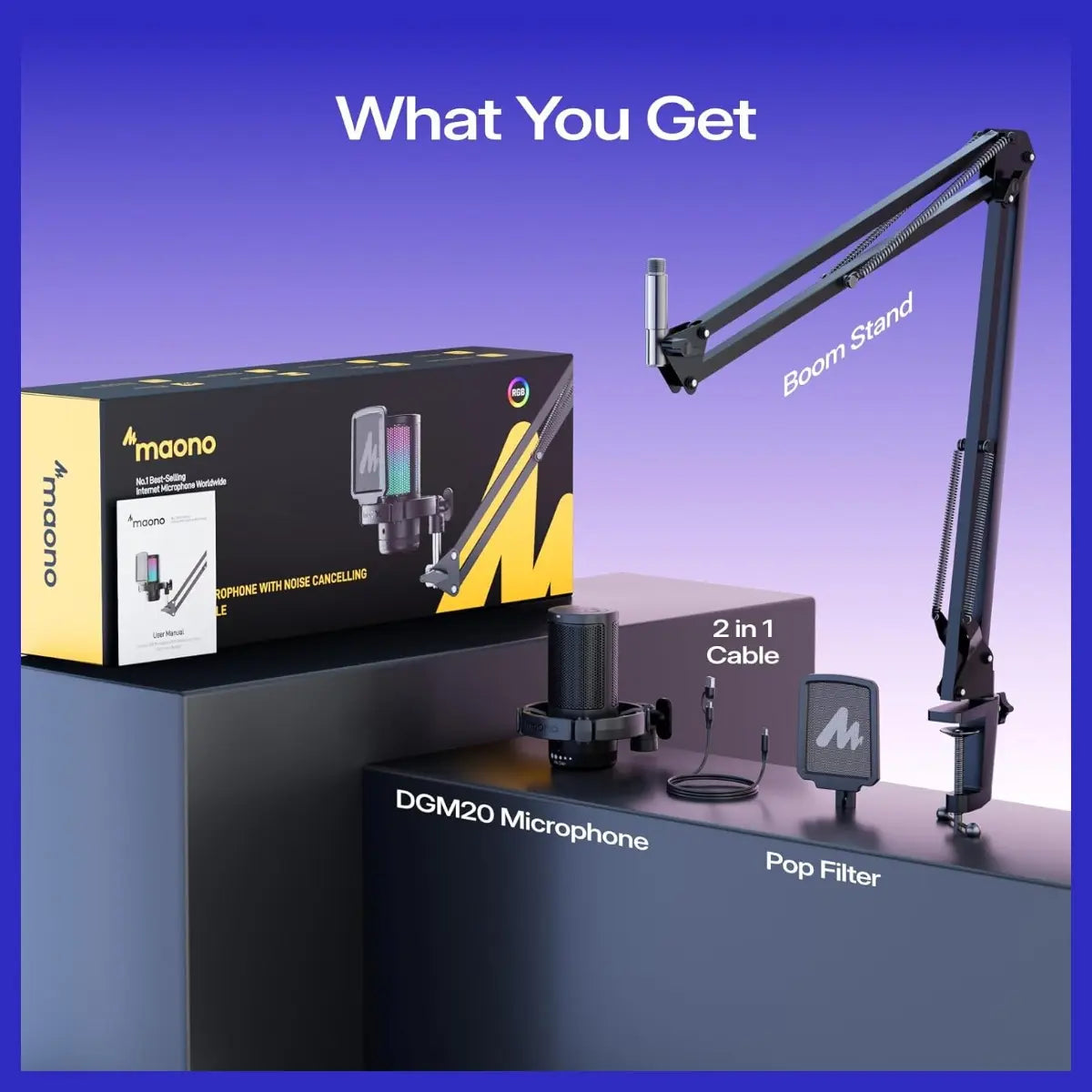 MAONO DGM20S Gaming Microphone for PC, Clear Voice and Noise Reduction, RGB Lighting, Tap-to-Mute, Gain Control, Headphone Monitoring, Boom Arm
