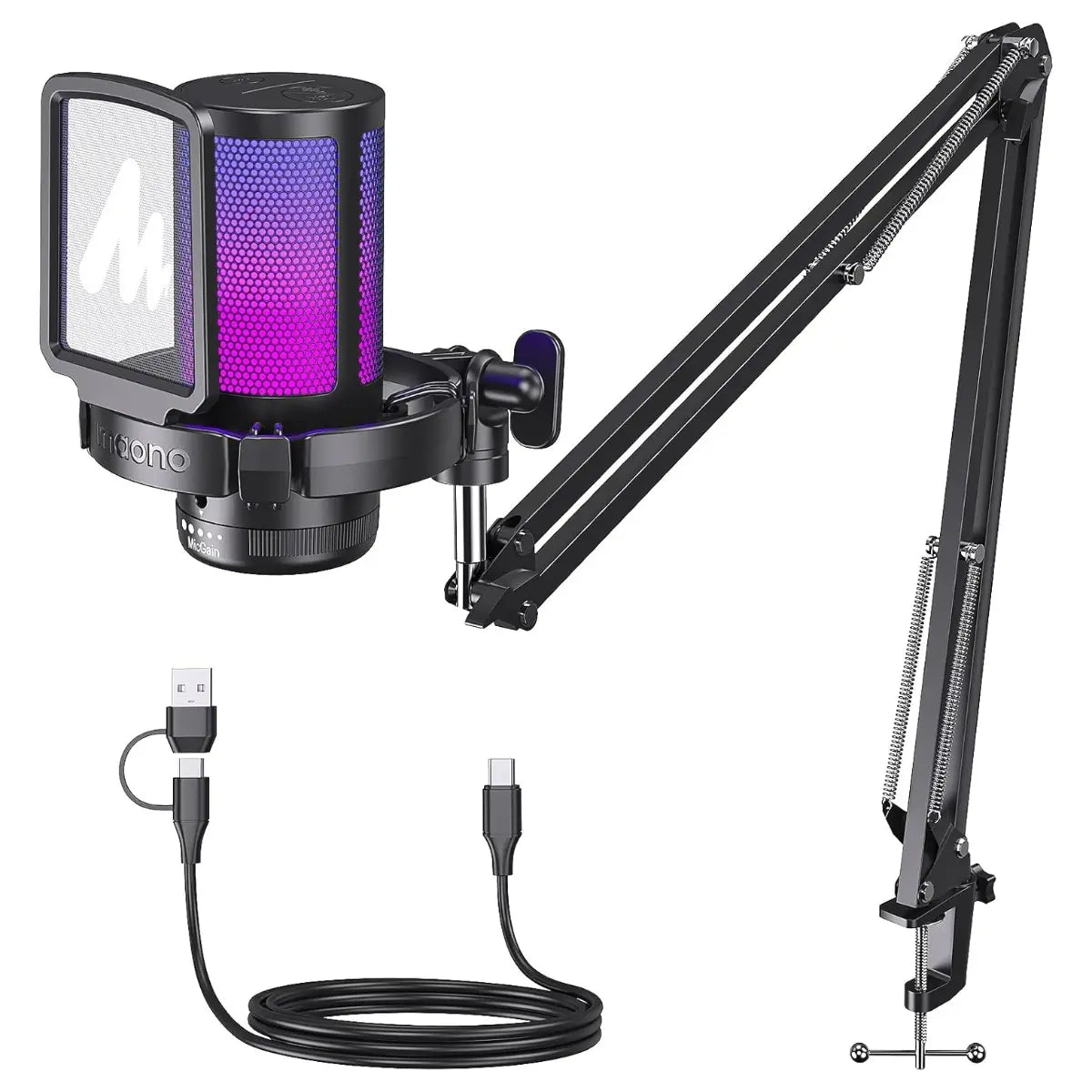 MAONO DGM20S Gaming Microphone for PC, Clear Voice and Noise Reduction, RGB Lighting, Tap-to-Mute, Gain Control, Headphone Monitoring, Boom Arm