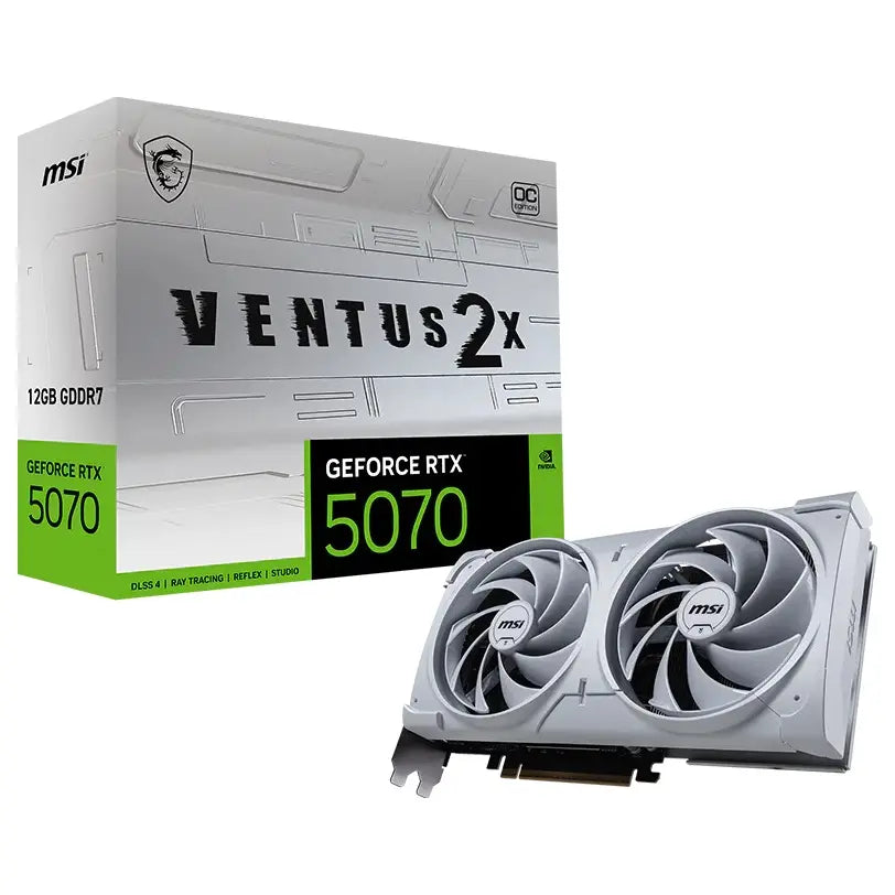 MSI GeForce RTX 5070 12G VENTUS 2X OC WHITE Graphics Card, 12GB GDDR7 192-Bit, PCI Express Gen 5, 2557MHz Extreme Performance, DisplayPort x 3 v2.1b and HDMI 2.1b, White G5070-12V2CW