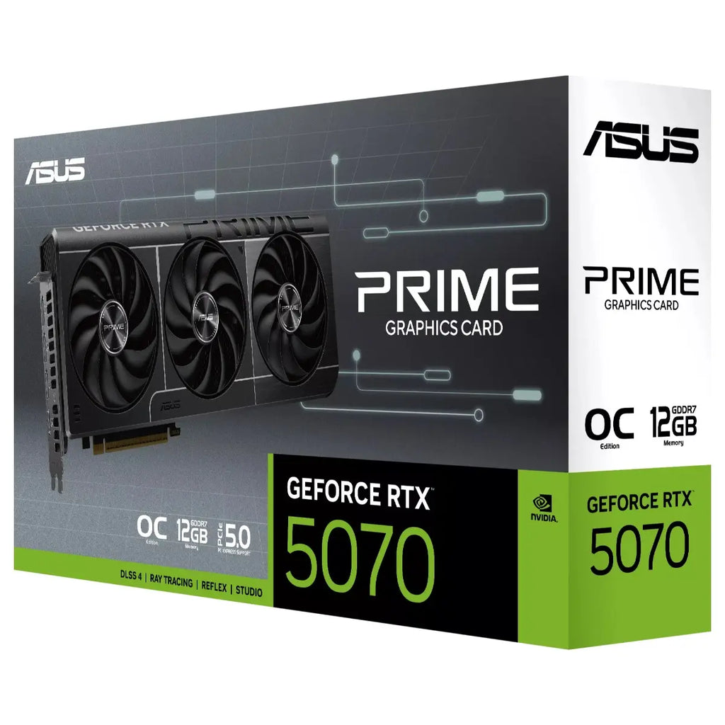 ASUS PRIME GeForce RTX 5070 12GB GDDR7 OC Edition Graphics Card, 2587MHz Boost, PCI Express 5.0, HDMI2.1b and DisplayPort2.1b, PRIME-RTX5070-O12G