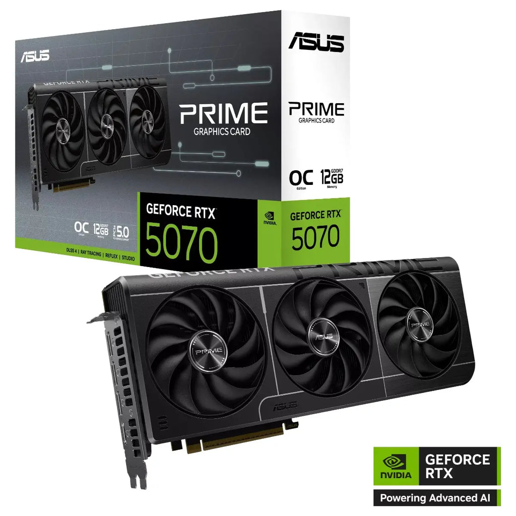 ASUS PRIME GeForce RTX 5070 12GB GDDR7 OC Edition Graphics Card, 2587MHz Boost, PCI Express 5.0, HDMI2.1b and DisplayPort2.1b, PRIME-RTX5070-O12G