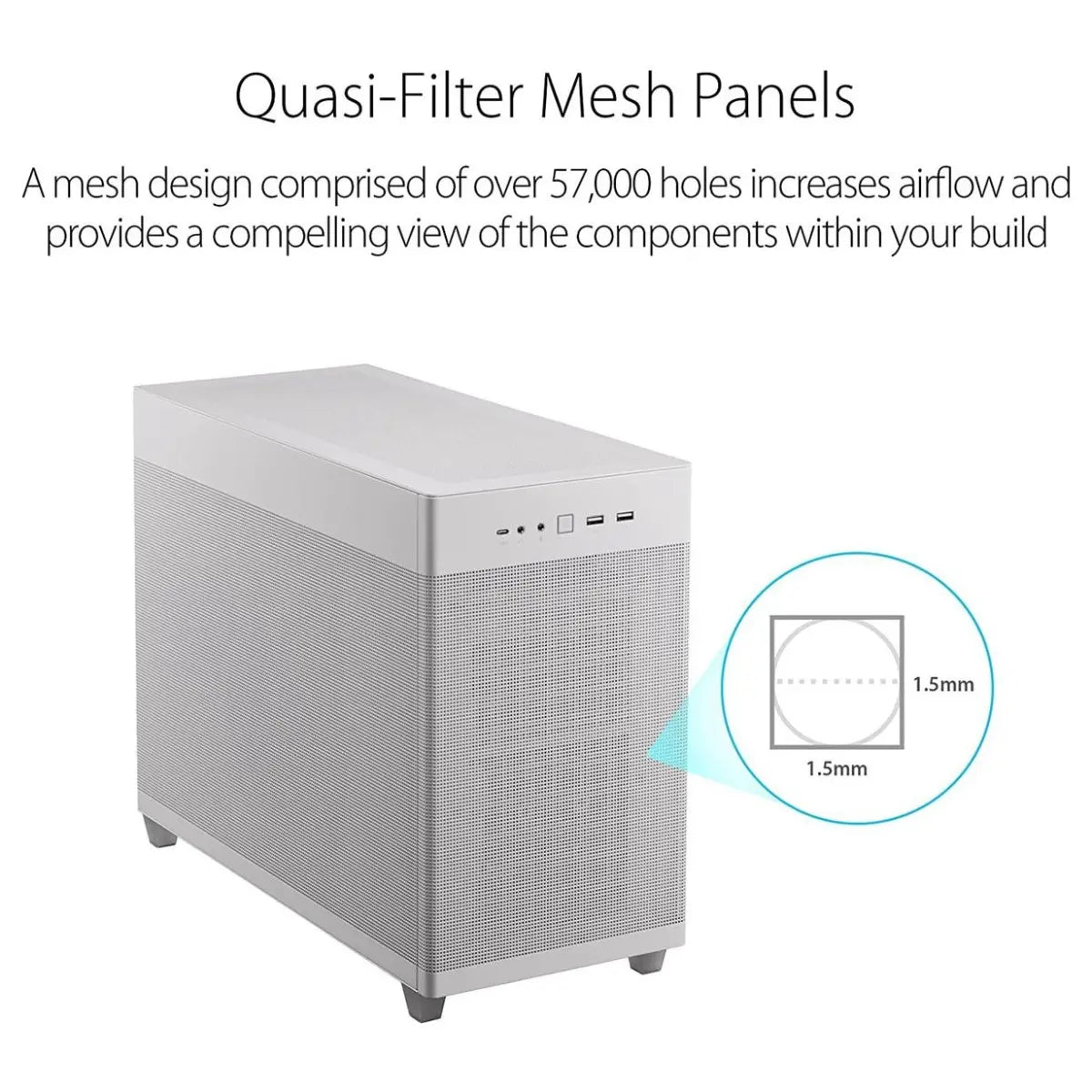 Asus Prime AP201 MicroATX Case, 33-Liter, Tool-Free Side Panels, Quasi-Filter Mesh Panels, 360mm Cooler Support, USB 3.2 Gen 2 Type-C, White