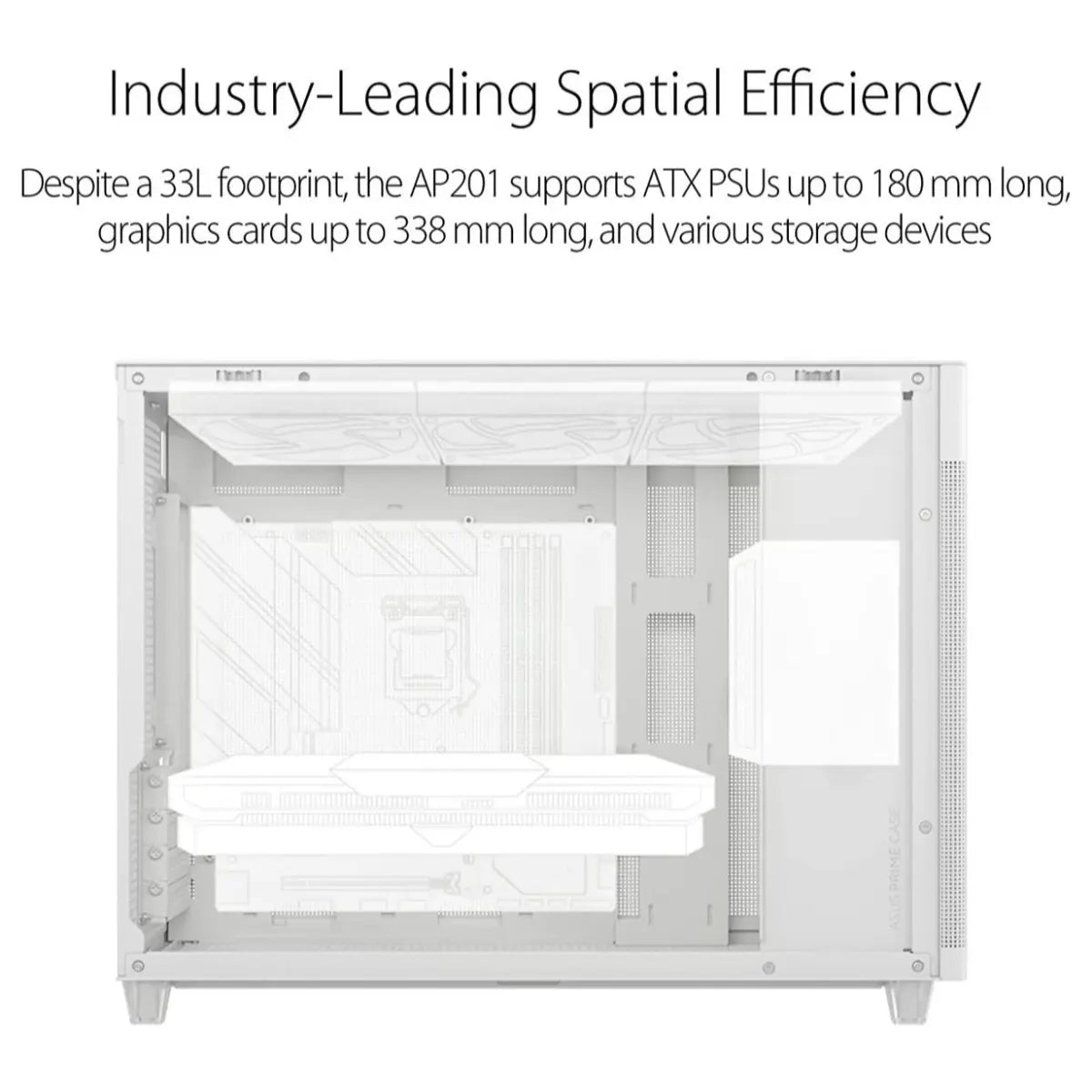 Asus Prime AP201 MicroATX Case, 33-Liter, Tool-Free Side Panels, Quasi-Filter Mesh Panels, 360mm Cooler Support, USB 3.2 Gen 2 Type-C, White