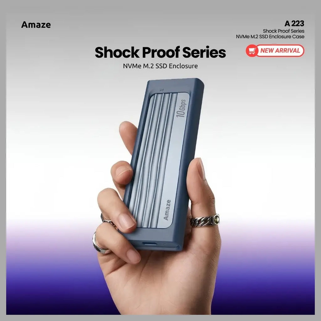 Amaze A223 Shock Proof Series NVMe M.2 SSD Enclosure Case, 10Gbps, Type-C 3.2 Input, USB-A 3.0 and Type-C Output, Aluminum Alloy