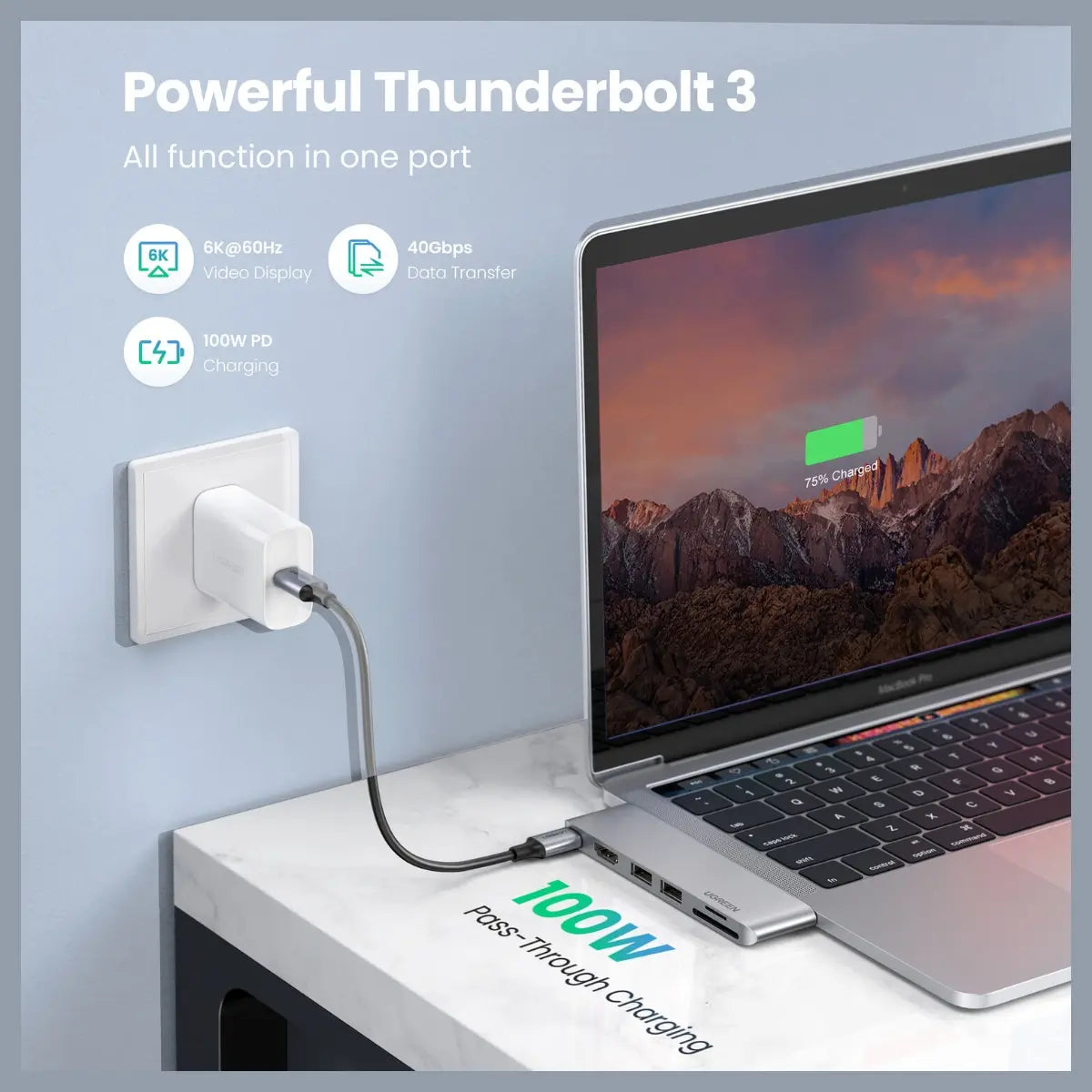 UGREEN 6-in-1 USB-C Multifunction HUB Adapter, HDMI 4K at 30Hz, Thunderbolt 3 6K at 60Hz, 2x USB-A 3.0 5Gbps, 100W PD, SD and TF Card Reader, 80856
