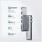 UGREEN 6-in-1 USB-C Multifunction HUB Adapter, HDMI 4K at 30Hz, Thunderbolt 3 6K at 60Hz, 2x USB-A 3.0 5Gbps, 100W PD, SD and TF Card Reader, 80856