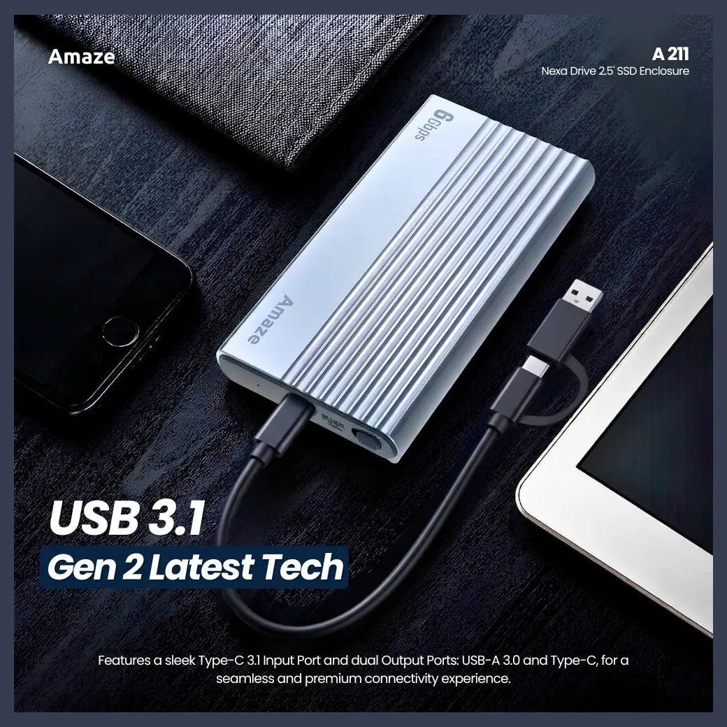 Amaze Nexa Drive A211 2.5" SSD Enclosure Case, SATA Interface, Type-C 3.1 Input, USB-A 3.0 and Type-C Output, Up to 6Gbps