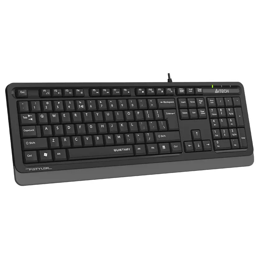 A4Tech FK10Q Sleek Multimedia Keyboard, QuietKey Technology, 12 FN HotKeys, Waterproof Design, Black