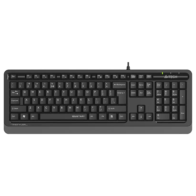A4Tech FK10Q Sleek Multimedia Keyboard, QuietKey Technology, 12 FN HotKeys, Waterproof Design, Black
