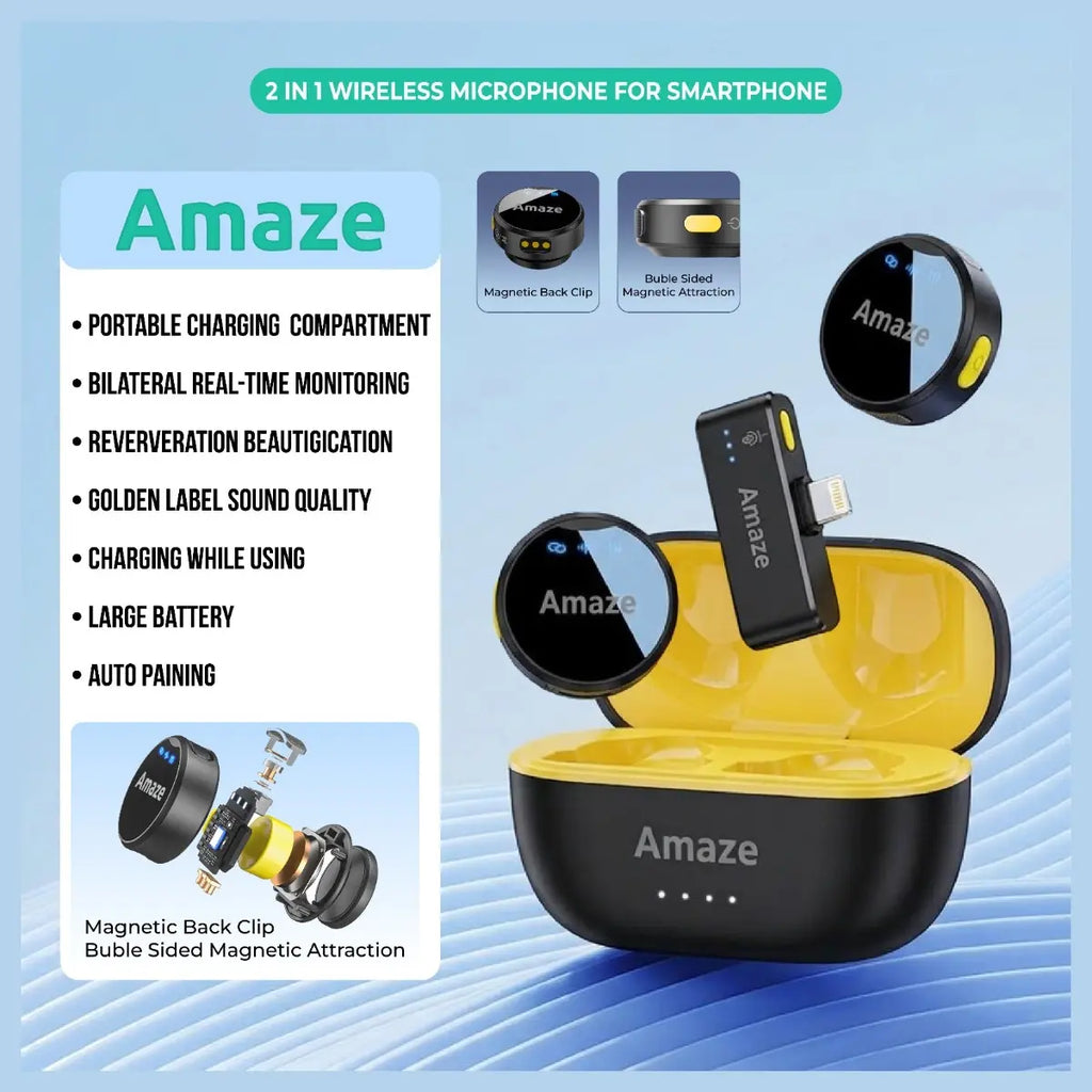 Amaze Audix Core Noise Cancellation Wireless Microphone, Dual Microphone 2-in-1 System, 2.4GHz Wireless Up to 40 Meters, 360 Degree Omnidirectional, Ultra-Low Latency <=20ms, Model A692