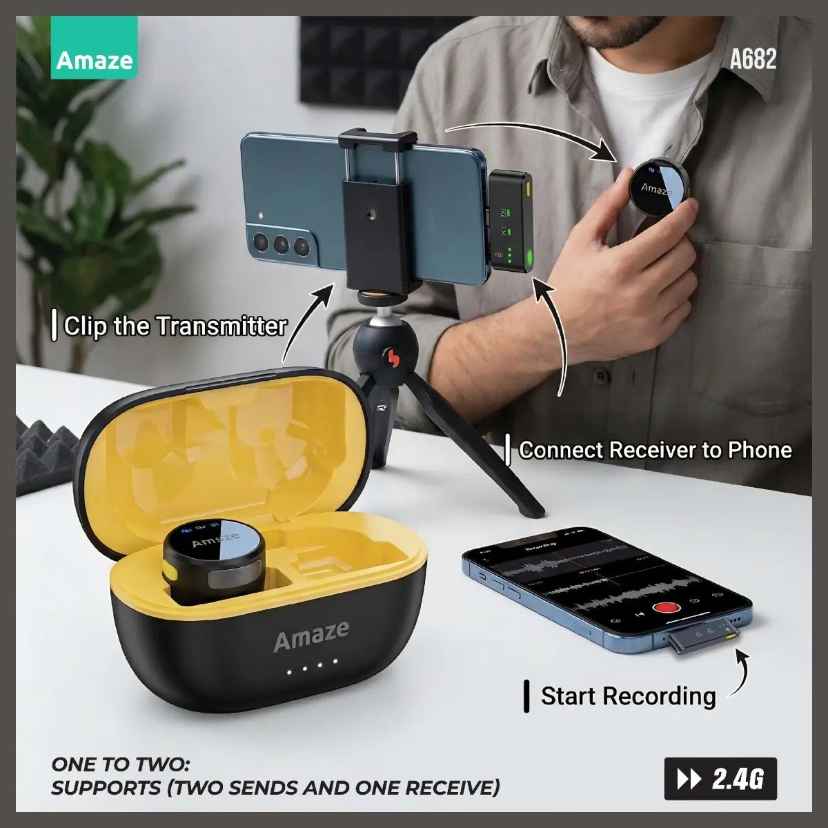 Amaze Audix Core Noise Cancellation Wireless Microphone, Dual Microphone 2-in-1 System, 2.4GHz Wireless Up to 40 Meters, 360 Degree Omnidirectional, Ultra-Low Latency <=20ms, Model A692