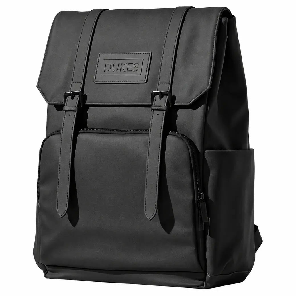 DUKES CITYLINE Backpack, Premium PU Exterior and Polyester Lining, Magnetic Strap Buttons, Zipper and Hasp Closure, Dedicated Computer Interlayer, Fully Waterproof, 32x12x44cm - Pure Black