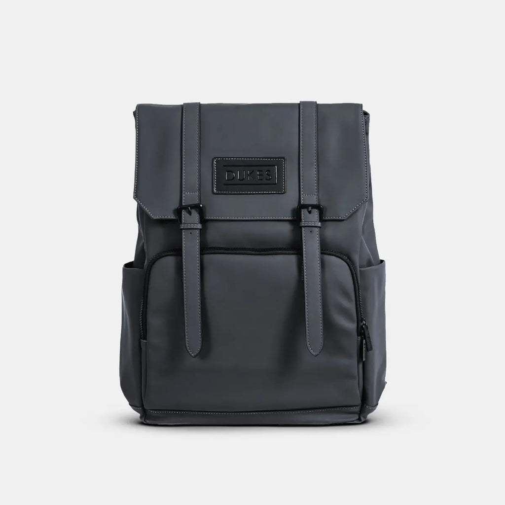 DUKES CITYLINE Backpack, Premium PU Exterior and Polyester Lining, Magnetic Strap Buttons, Zipper and Hasp Closure, Dedicated Computer Interlayer, Fully Waterproof, 32x12x44cm - Pure Black