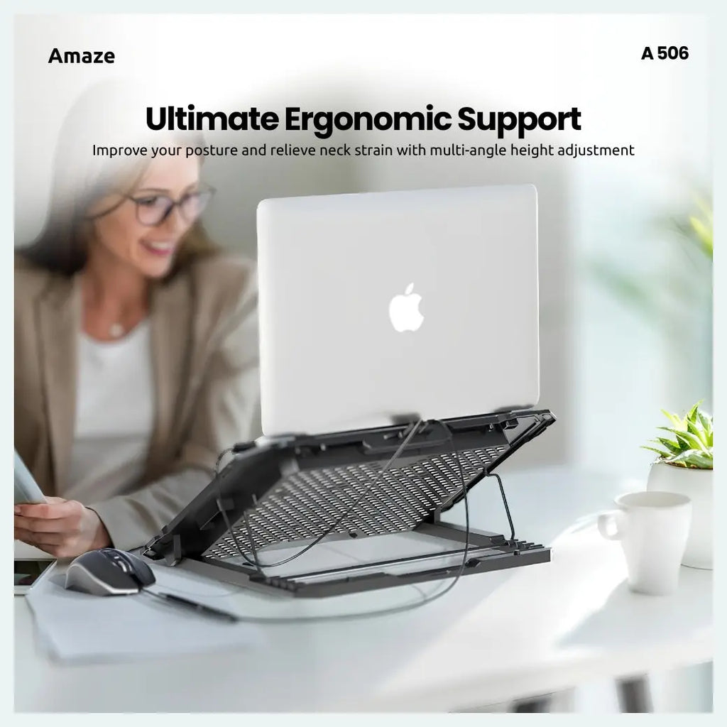 AMAZE 6 Fan Laptop Cooling Pad, 6-Level Height Adjustment, Supports up to 16", Fan Speed Controller, 2 USB Ports, Blue Fan Lighting, A506