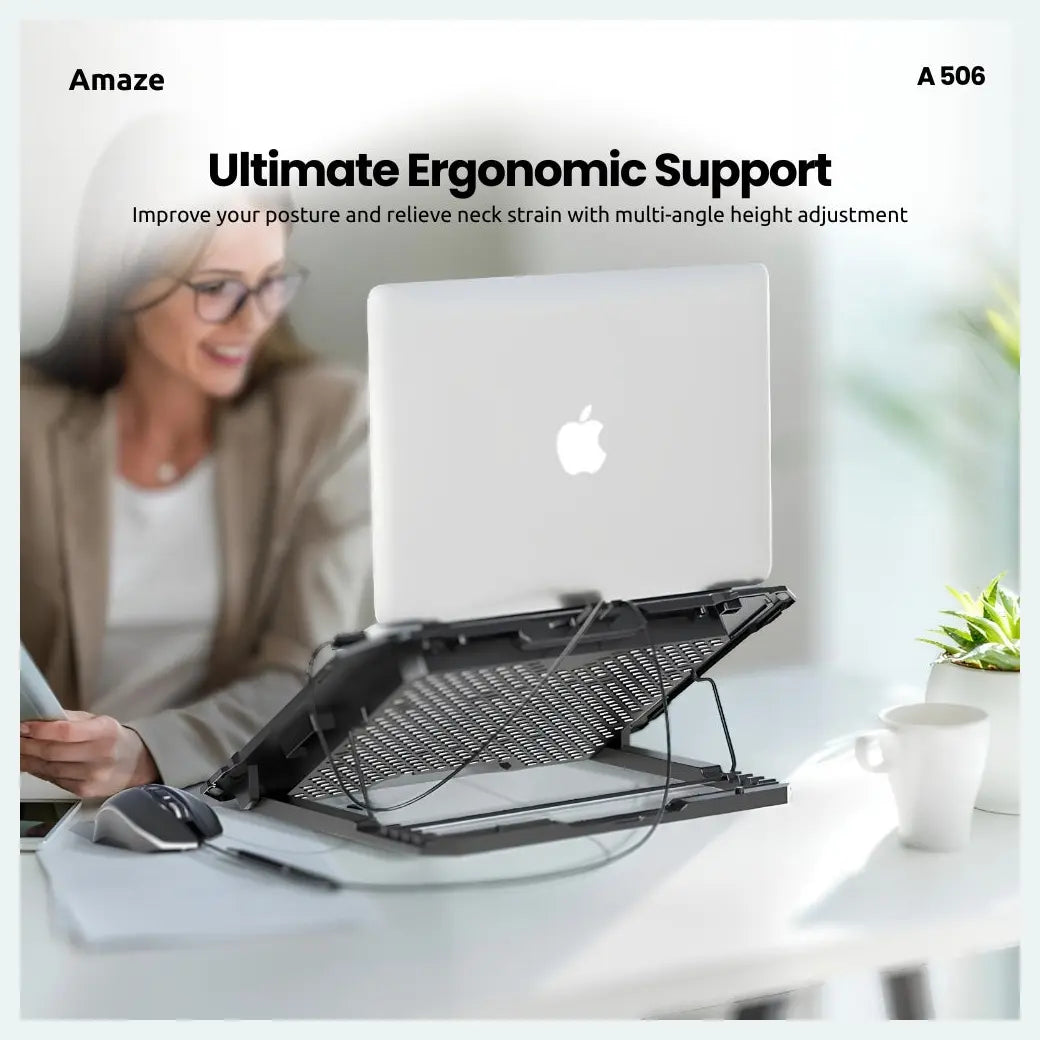 AMAZE 6 Fan Laptop Cooling Pad, 6-Level Height Adjustment, Supports up to 16", Fan Speed Controller, 2 USB Ports, Blue Fan Lighting, A506