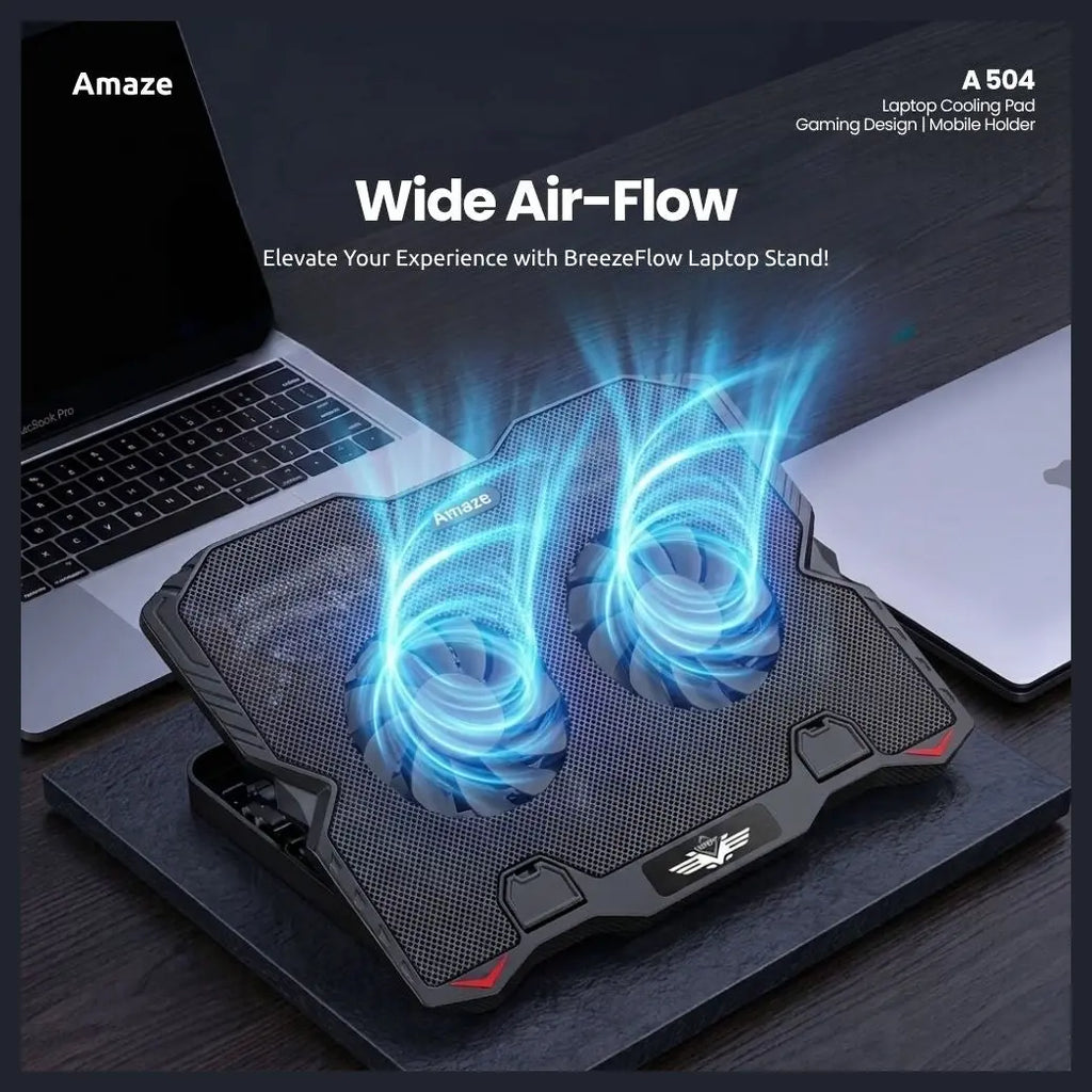 AMAZE A504 Dual Fan Laptop Cooling Pad, Dual High-Speed Silent Fans 1000-1200RPM, for Laptops Up to 15", 5-Level Height Adjustment 6.5-40deg, 2 USB Ports