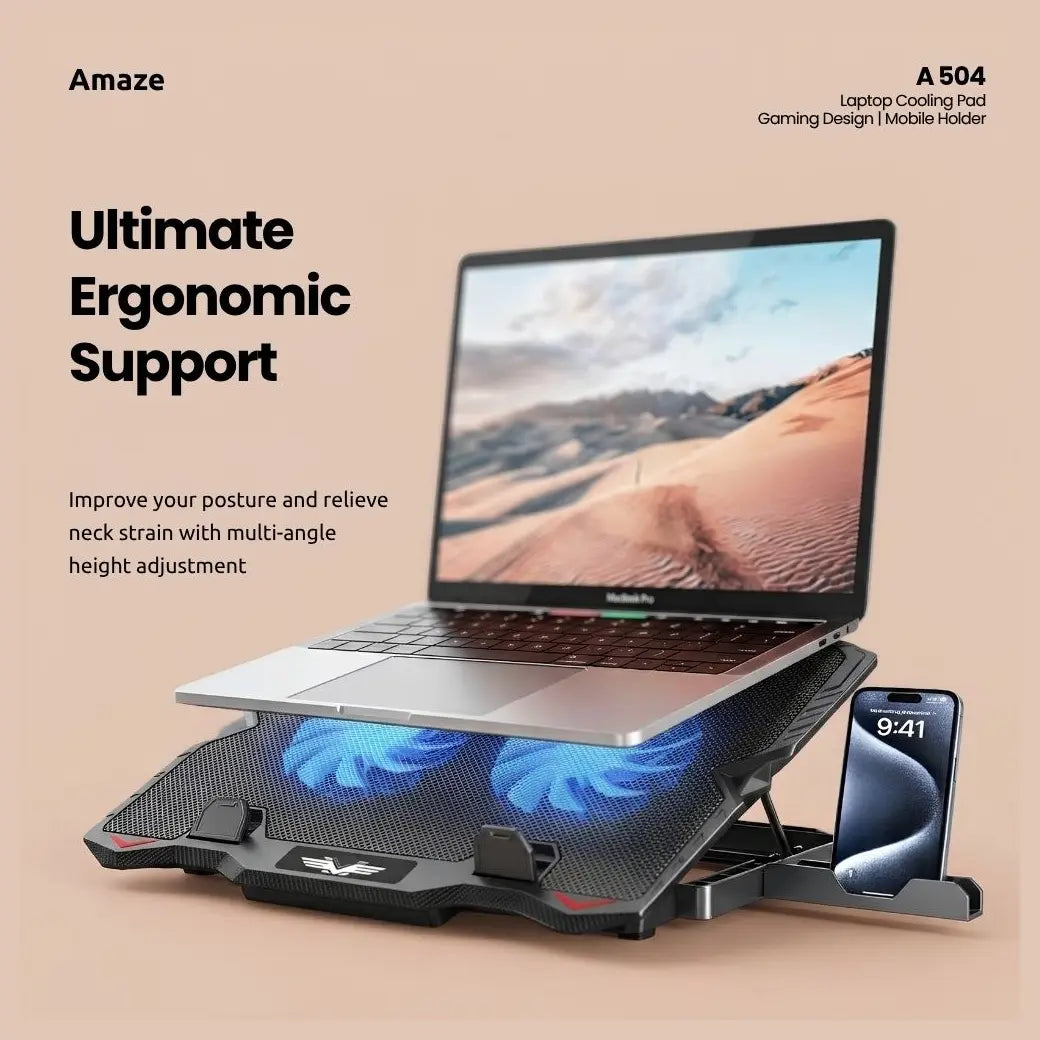 AMAZE A504 Dual Fan Laptop Cooling Pad, Dual High-Speed Silent Fans 1000-1200RPM, for Laptops Up to 15", 5-Level Height Adjustment 6.5-40deg, 2 USB Ports