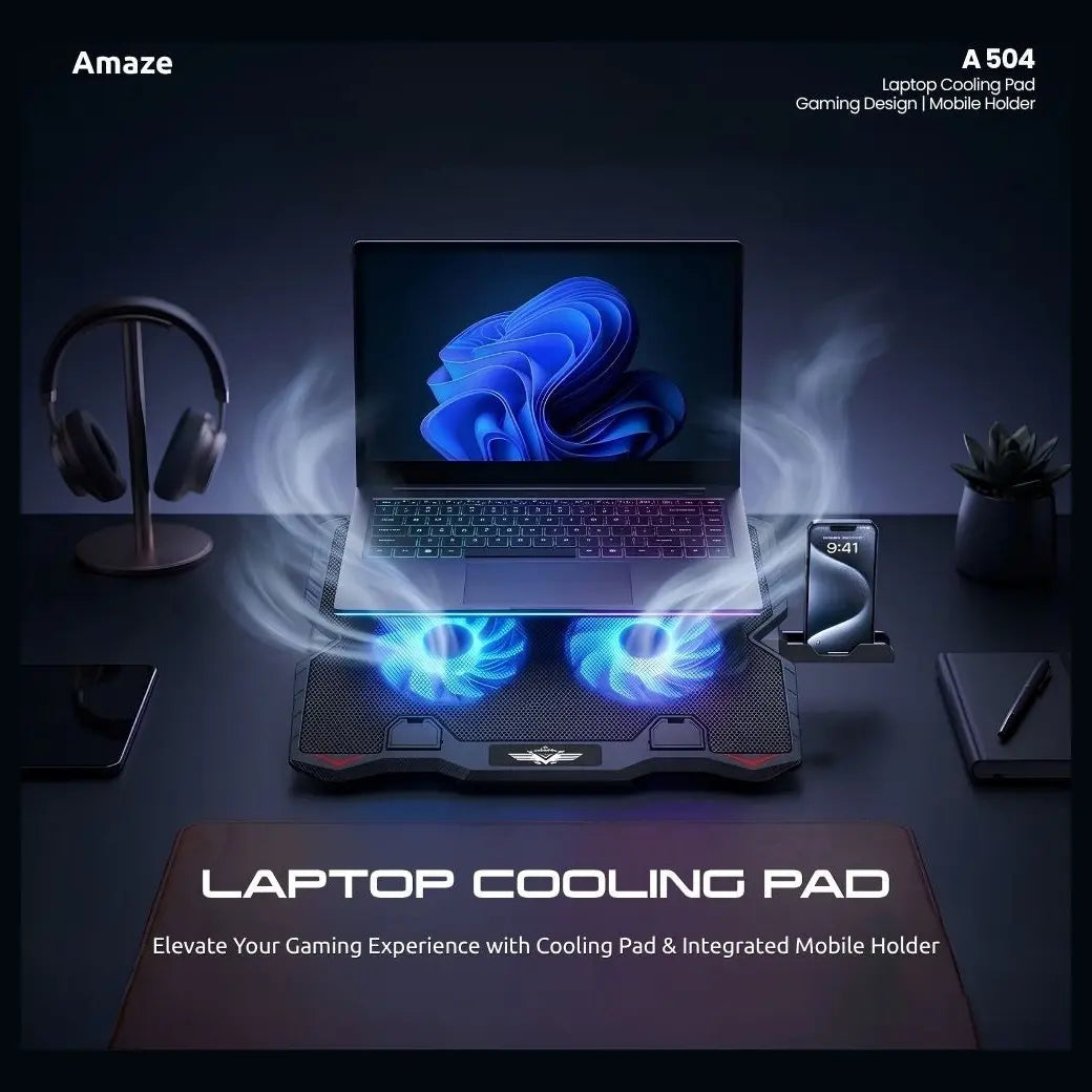 AMAZE A504 Dual Fan Laptop Cooling Pad, Dual High-Speed Silent Fans 1000-1200RPM, for Laptops Up to 15", 5-Level Height Adjustment 6.5-40deg, 2 USB Ports