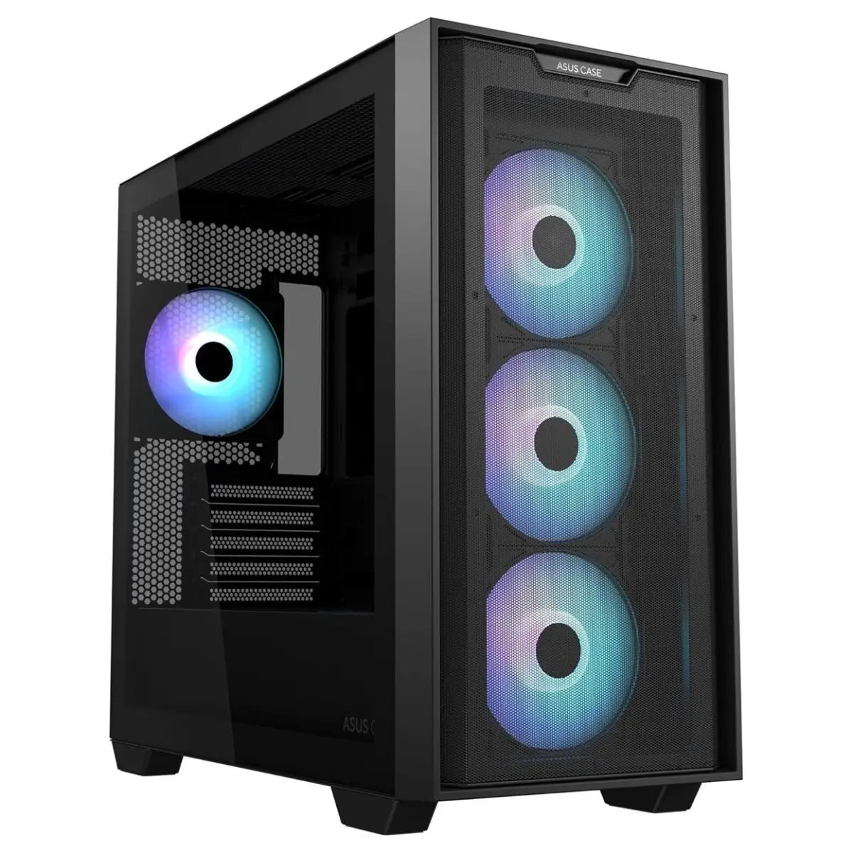 Asus A21 Plus TG ARGB MicroATX PC Case, 4x ARGB Fans Pre-Installed, Mesh Front Panel, Back-Connect Compatible, Up to 360mm Radiator, Up to 380mm Graphics, Black