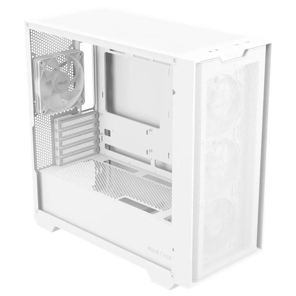 Asus A21 Plus TG ARGB MicroATX PC Case, 4x ARGB Fans Pre-Installed, Mesh Front Panel, Back-Connect Compatible, Up to 360mm Radiator, Up to 380mm Graphics, White