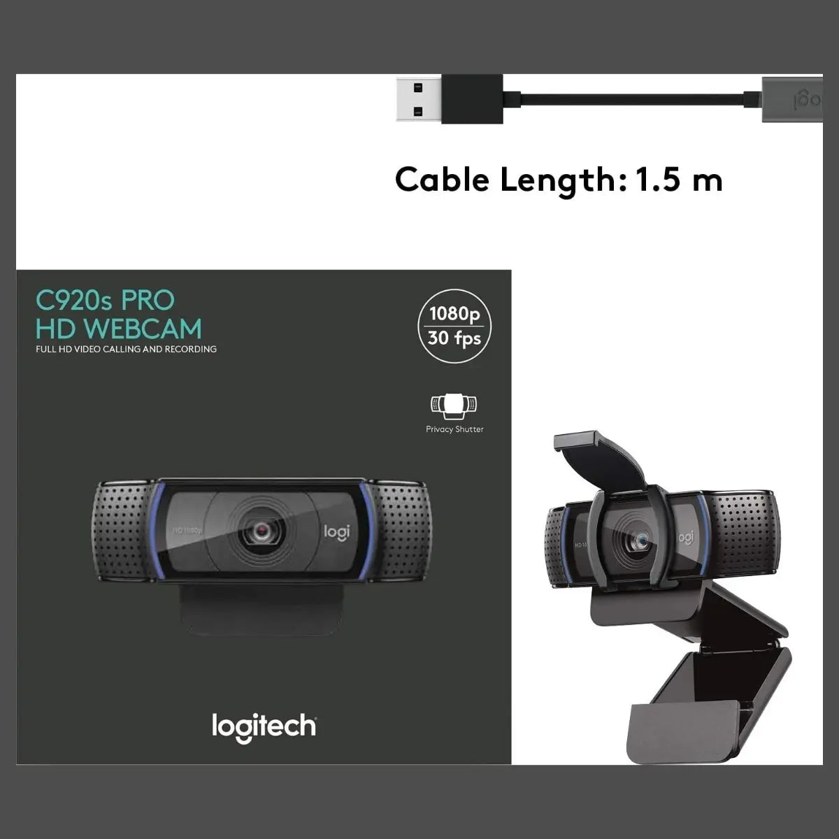 Logitech C920S HD Pro Webcam, 1080P Video Calls and Recording, HD Auto-Focus and Light Correction, Stereo Audio With Dual Mics, Privacy Shutter, 960-001252 / 960-001257