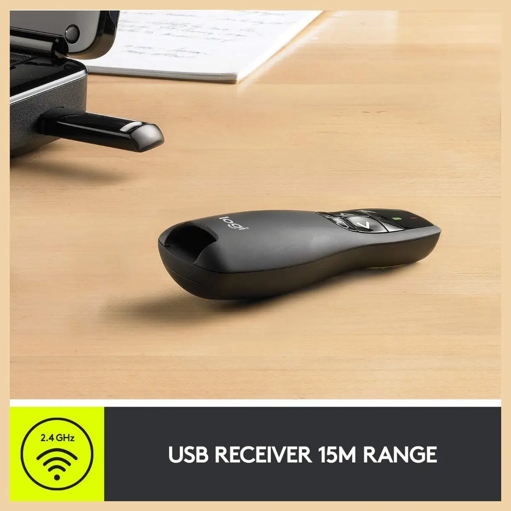 Logitech Wireless Presenter R400 USB-A PowerPoint Clicker with Class 2 Red Laser, 2.4GHz RF Wireless, Up to 50-Foot Range