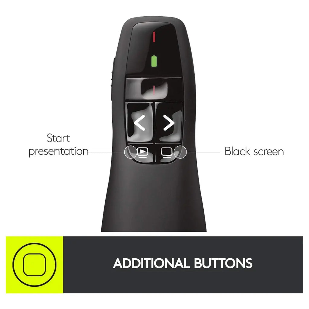 Logitech Wireless Presenter R400 USB-A PowerPoint Clicker with Class 2 Red Laser, 2.4GHz RF Wireless, Up to 50-Foot Range