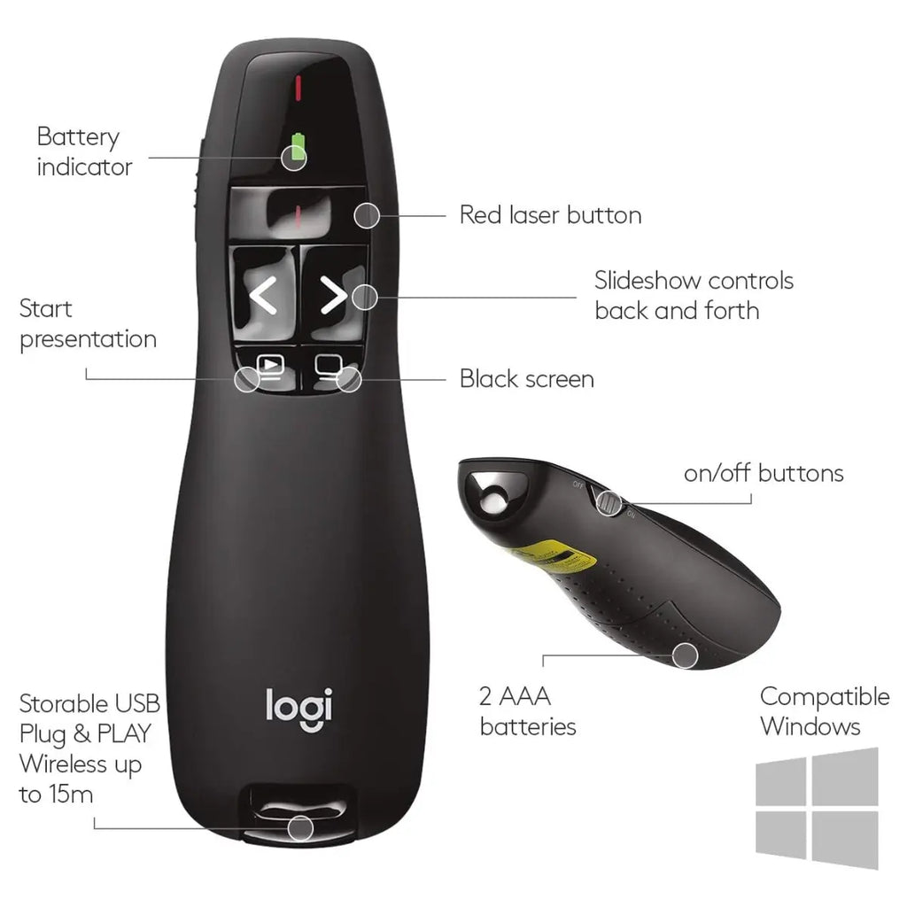 Logitech Wireless Presenter R400 USB-A PowerPoint Clicker with Class 2 Red Laser, 2.4GHz RF Wireless, Up to 50-Foot Range