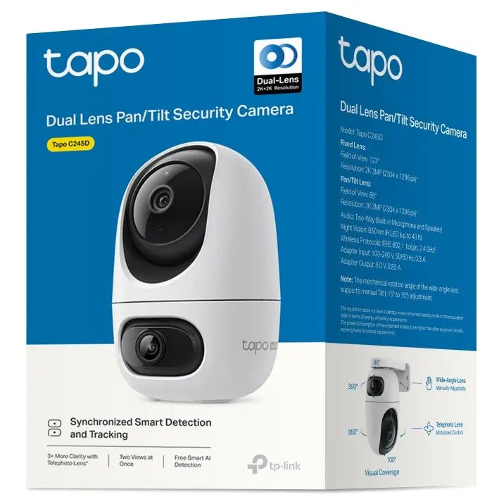 TP-Link Tapo C245D Dual Lens Pan and Tilt Security Camera, 2K 3MP Dual Lens, 122 Degree FOV Wide-Angle and 6mm Telephoto Lens, Smart Tracking, Night Vision up to 40ft