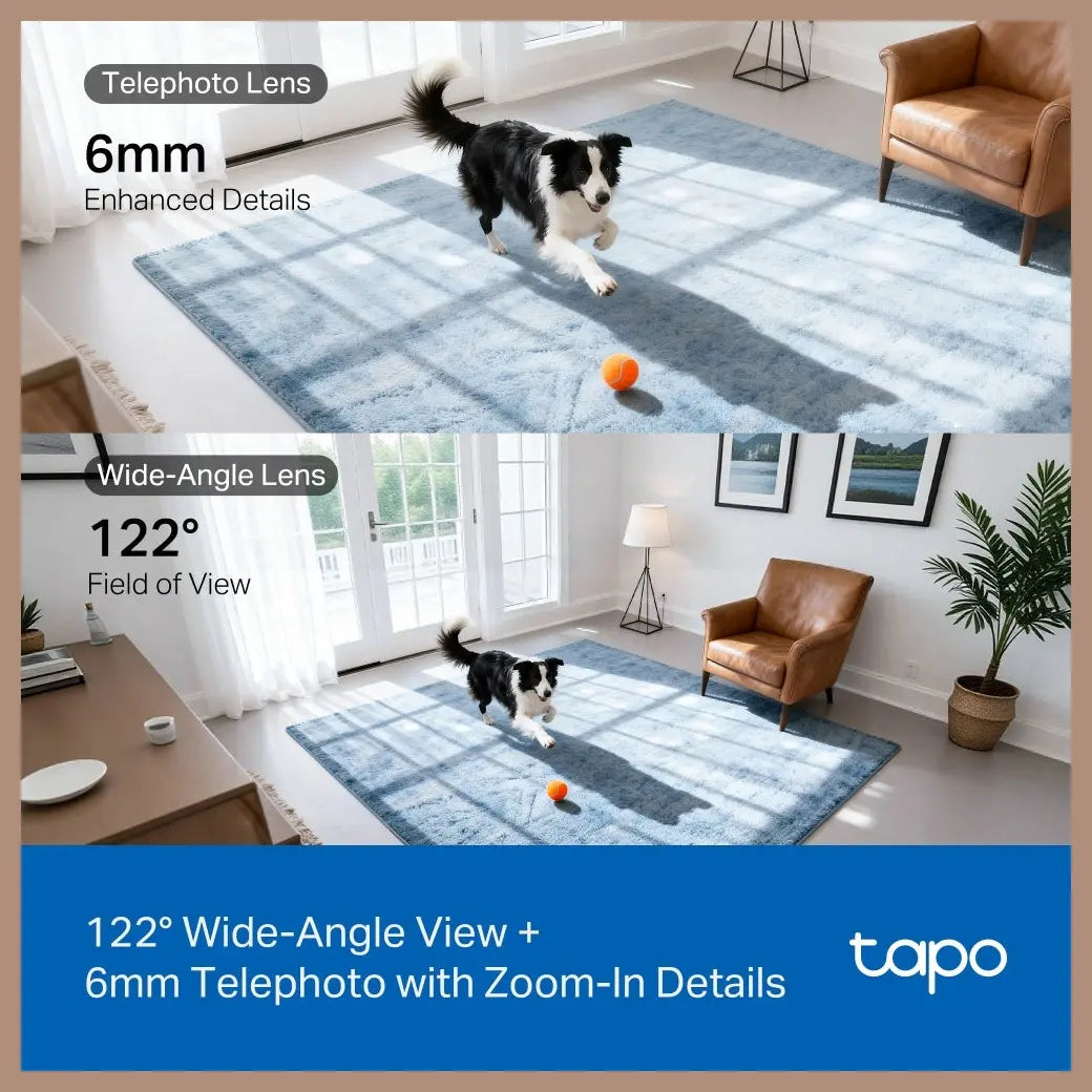 TP-Link Tapo C245D Dual Lens Pan and Tilt Security Camera, 2K 3MP Dual Lens, 122 Degree FOV Wide-Angle and 6mm Telephoto Lens, Smart Tracking, Night Vision up to 40ft