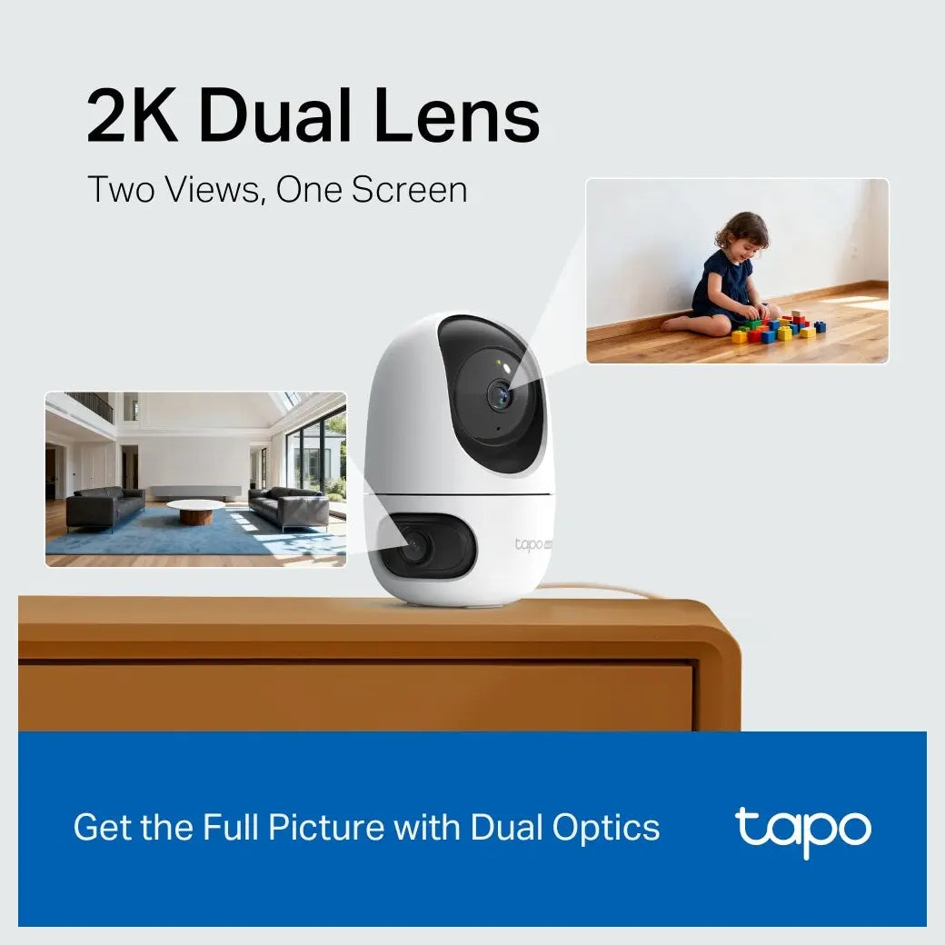 TP-Link Tapo C245D Dual Lens Pan and Tilt Security Camera, 2K 3MP Dual Lens, 122 Degree FOV Wide-Angle and 6mm Telephoto Lens, Smart Tracking, Night Vision up to 40ft