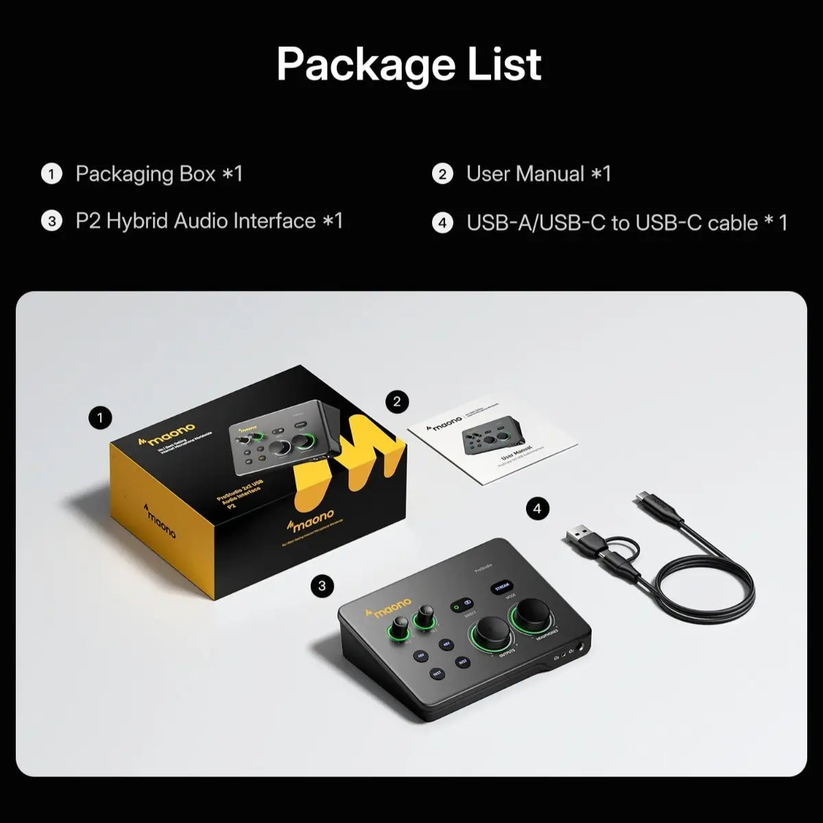 Maono P2 USB Hybrid Audio Interface, USB-C Plug and Play, Up to 56dB Clean Gain, 192kHz High-Resolution Audio, Dual XLR and TRS Combo Inputs
