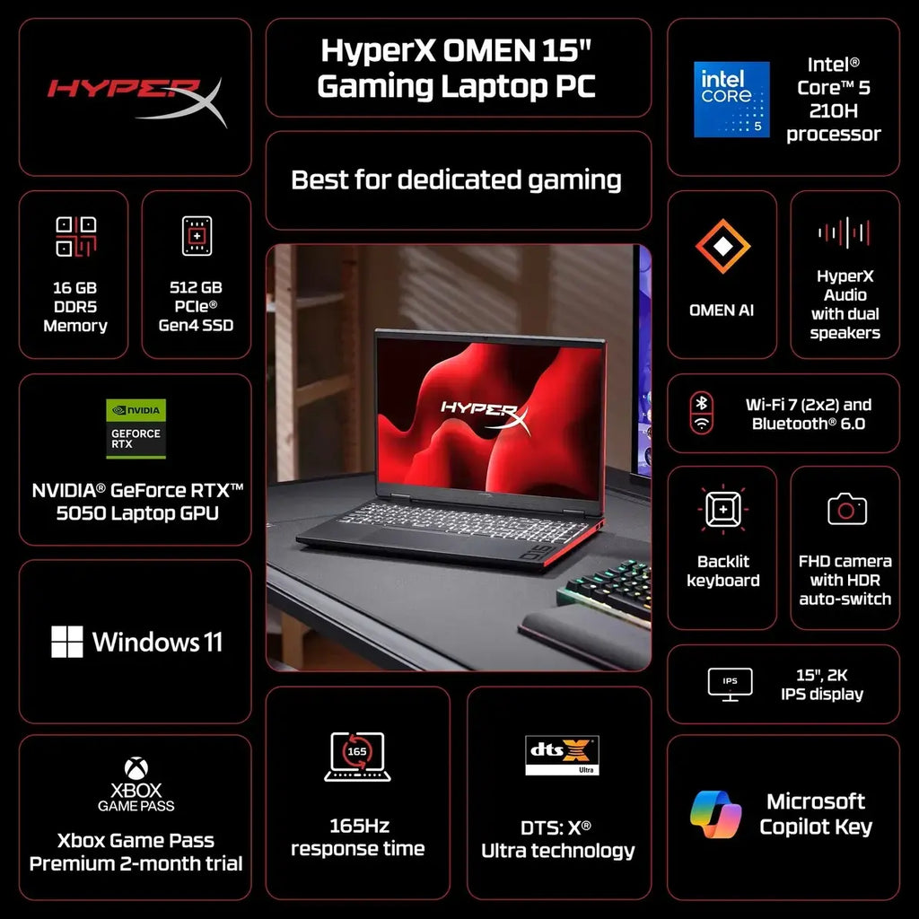 HP HyperX Omen 15-GA0050WM Gaming Laptop, Intel Core 5 210H, GeForce RTX 5050 8GB, 16GB DDR5 RAM, 512GB PCIe NVMe SSD, 15.3in WUXGA IPS 165Hz, Windows 11 Home, Gray