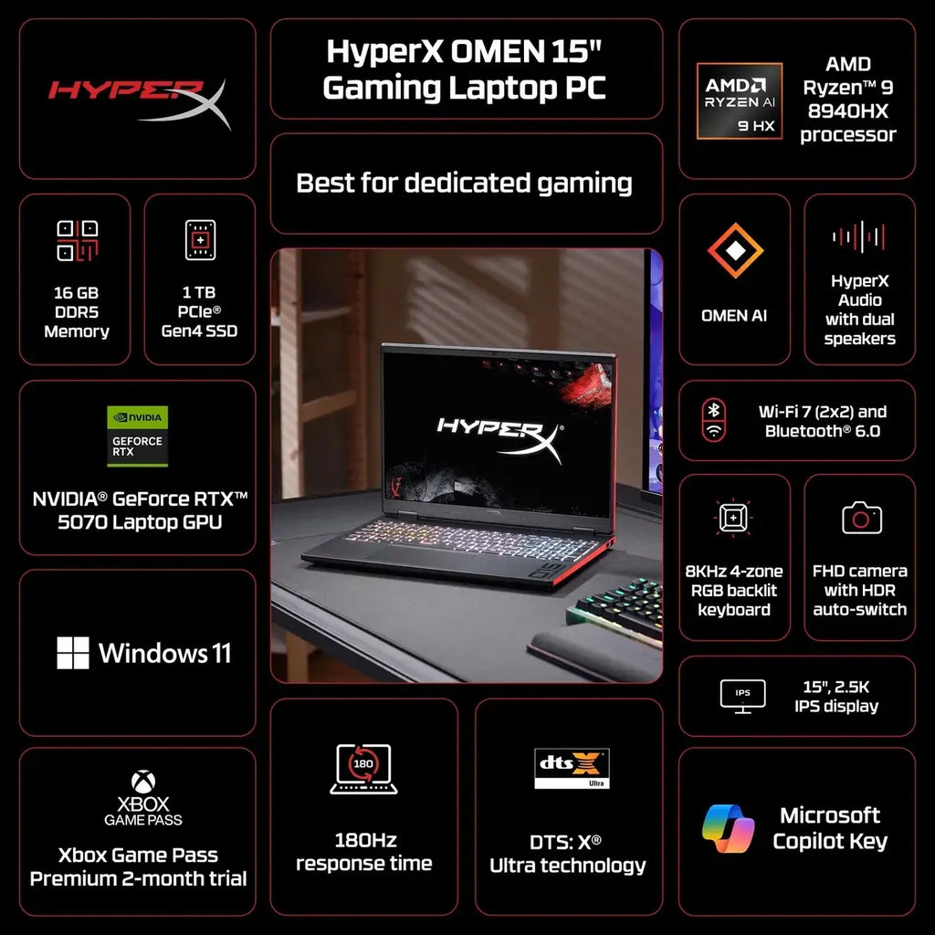 HP OMEN HyperX Gaming Laptop 15-GB0090WM, AMD Ryzen 9 8940HX, NVIDIA GeForce RTX 5070 8GB GDDR7, 16GB DDR5 RAM, 1TB NVMe SSD, 15.3" 2.5K IPS 180Hz, Windows 11, Shadow Black
