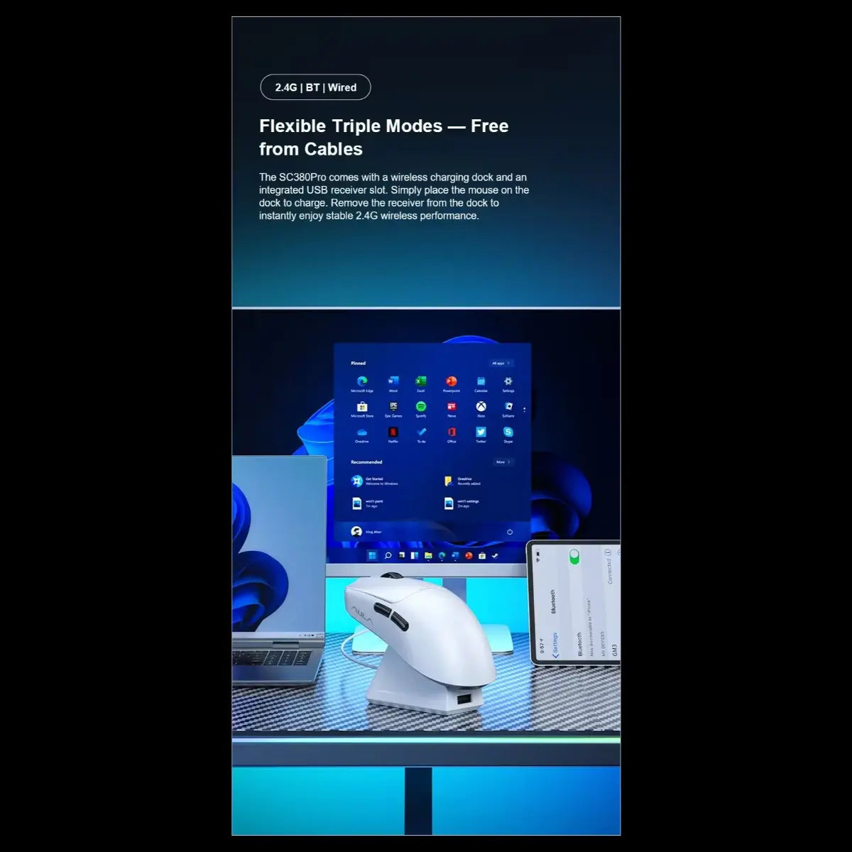 Aula SC380Pro Gaming Mouse, 55g Lightweight, PixArt 3311 Sensor, Up to 12,000 DPI, 1000Hz Polling Rate, Tri-Mode 2.4G Wireless Bluetooth and Wired, Charging Dock, White
